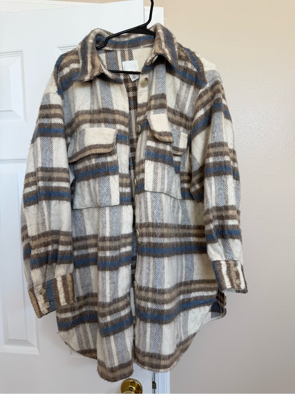 H&M Cream, Brown & Blue Plaid Utility Shacket